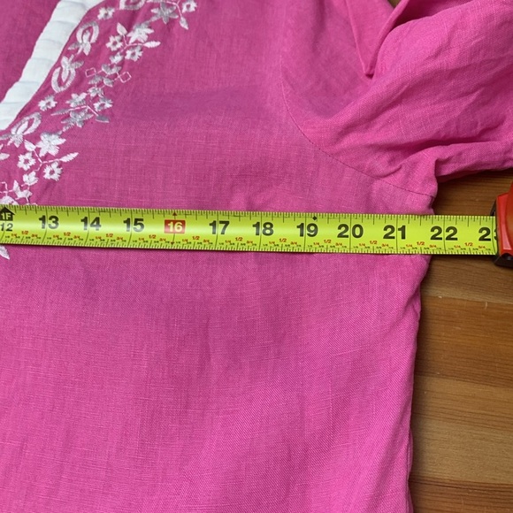 Pink w White Trim, 3/4 Sleeves, Embroidered, Linen/Cotton Tunic - Picture 6 of 7